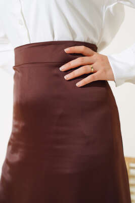 Bel Fermuarlı Saten Etek Kahve - Thumbnail