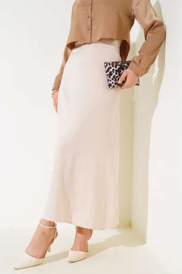 Bel Fermuarlı Saten Etek Bej - Thumbnail