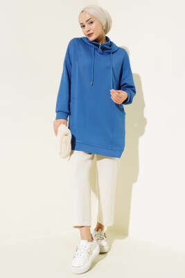 Dik Yaka Fermuarlı Tunik İndigo - Thumbnail