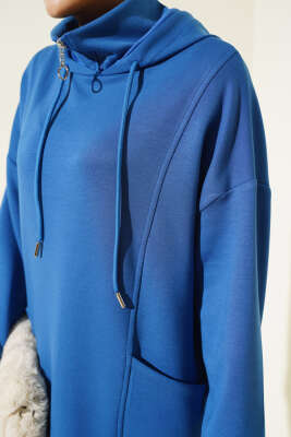 Dik Yaka Fermuarlı Tunik İndigo - Thumbnail