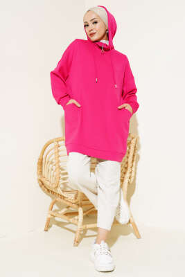 Dik Yaka Fermuarlı Tunik Fuşya - Thumbnail