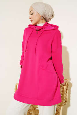 Dik Yaka Fermuarlı Tunik Fuşya - Thumbnail