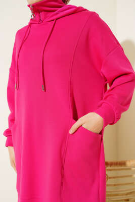 Dik Yaka Fermuarlı Tunik Fuşya - Thumbnail