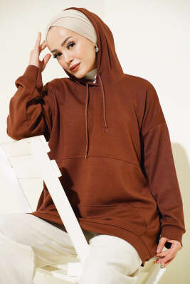 Pazarium - Loyşa Çıtçıtlı Kanguru Cepli Tunik Kahve