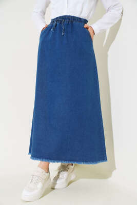 Bel Lastikli Püsküllü Kot Etek Kot Mavisi - Thumbnail