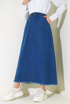 Bel Lastikli Püsküllü Kot Etek Kot Mavisi - Thumbnail