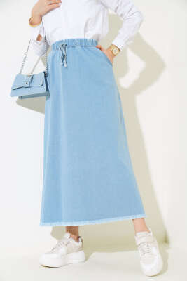 Bel Lastikli Püsküllü Kot Etek Açık Mavi - Thumbnail