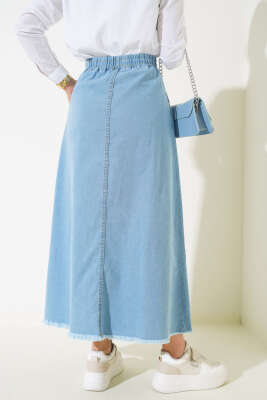 Bel Lastikli Püsküllü Kot Etek Açık Mavi - Thumbnail