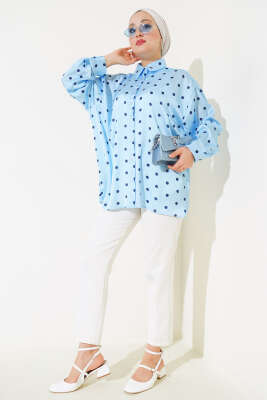 Puantiye Desen Saten Gömlek Mavi - Thumbnail