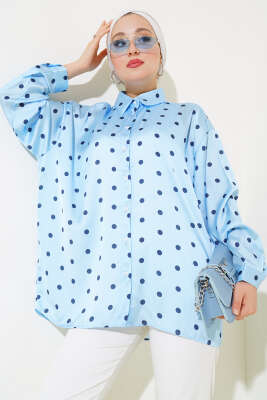 Puantiye Desen Saten Gömlek Mavi - Thumbnail