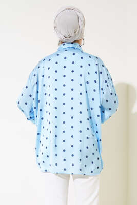 Puantiye Desen Saten Gömlek Mavi - Thumbnail