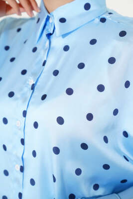 Puantiye Desen Saten Gömlek Mavi - Thumbnail