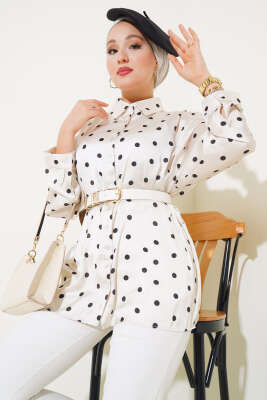 Puantiye Desen Saten Gömlek Krem - Thumbnail