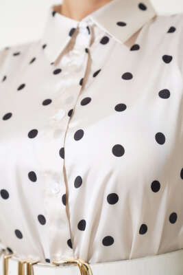 Puantiye Desen Saten Gömlek Krem - Thumbnail