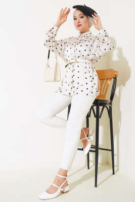 Puantiye Desen Saten Gömlek Krem - Thumbnail