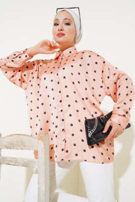 Puantiye Desen Saten Gömlek Somon - Thumbnail