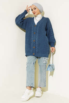 Önden Düğmeli Örgü Hırka İndigo - Thumbnail