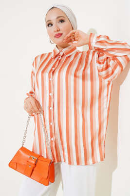 Pazarium - Çizgi Desen Saten Gömlek Kiremit