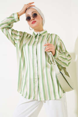 Pazarium - Çizgi Desen Saten Gömlek Çağla Yeşili