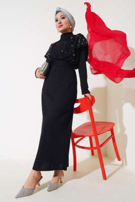 Önü İncili Kuşaklı Elbise Siyah - Thumbnail
