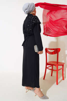 Önü İncili Kuşaklı Elbise Siyah - Thumbnail