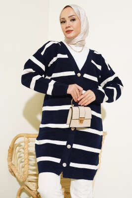 Çizgili Fitilli Salaş Triko Hırka Lacivert - Thumbnail