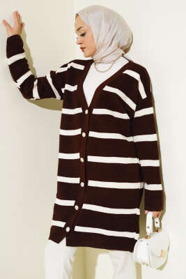 Çizgili Fitilli Salaş Triko Hırka Kahve - Thumbnail
