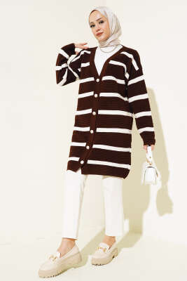 Çizgili Fitilli Salaş Triko Hırka Kahve - Thumbnail