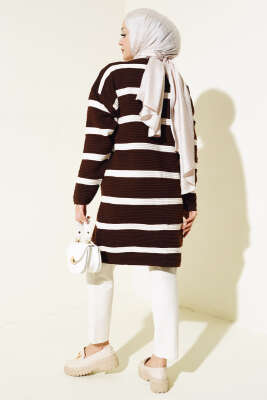 Çizgili Fitilli Salaş Triko Hırka Kahve - Thumbnail