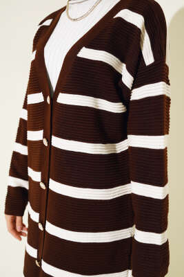 Çizgili Fitilli Salaş Triko Hırka Kahve - Thumbnail