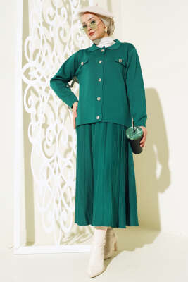 Gömlek Yaka Düğmeli Etekli Triko Takım Zümrüt - Thumbnail
