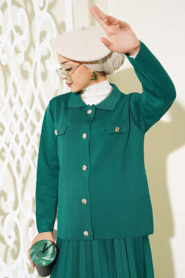 Gömlek Yaka Düğmeli Etekli Triko Takım Zümrüt - Thumbnail