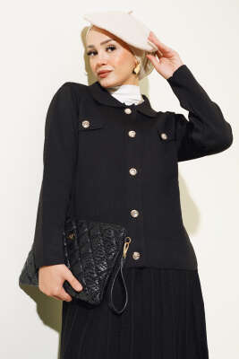 Gömlek Yaka Düğmeli Etekli Triko Takım Siyah - Thumbnail