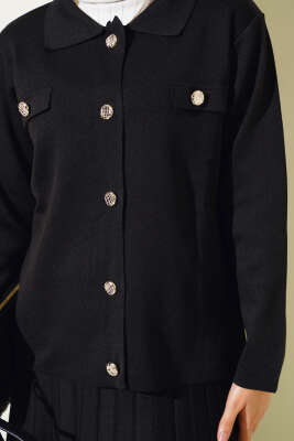 Gömlek Yaka Düğmeli Etekli Triko Takım Siyah - Thumbnail