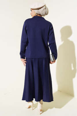 Gömlek Yaka Düğmeli Etekli Triko Takım Lacivert - Thumbnail