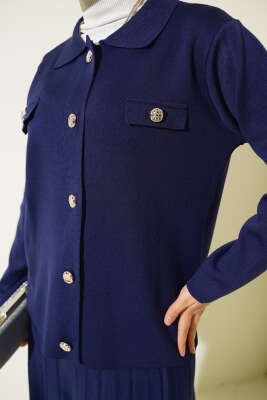 Gömlek Yaka Düğmeli Etekli Triko Takım Lacivert - Thumbnail