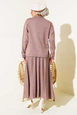 Gömlek Yaka Düğmeli Etekli Triko Takım Gül Kurusu - Thumbnail