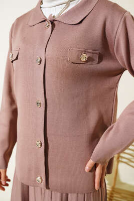 Gömlek Yaka Düğmeli Etekli Triko Takım Gül Kurusu - Thumbnail