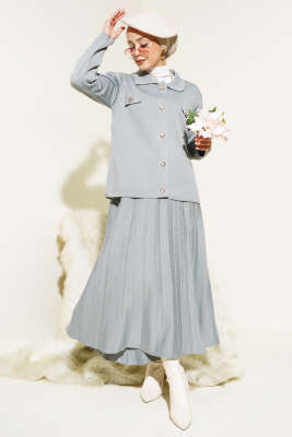 Gömlek Yaka Düğmeli Etekli Triko Takım Gri - Thumbnail