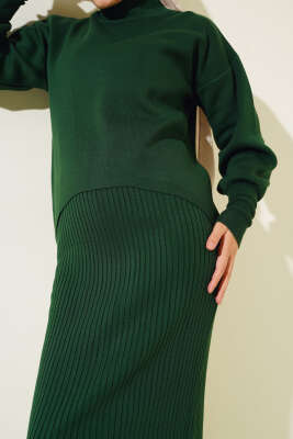 Asimetrik Kesim Jileli Triko İkili Takım Zümrüt - Thumbnail