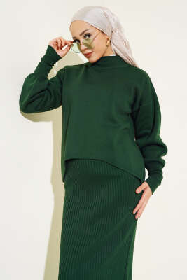 Asimetrik Kesim Jileli Triko İkili Takım Zümrüt - Thumbnail