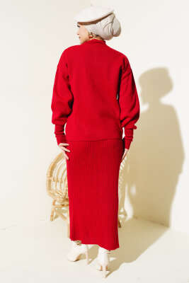 Asimetrik Kesim Jileli Triko İkili Takım Kırmızı - Thumbnail