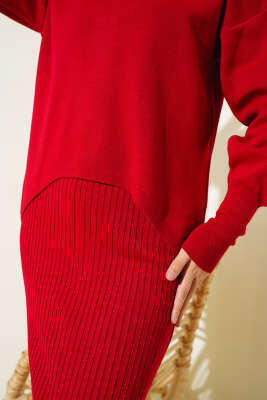 Asimetrik Kesim Jileli Triko İkili Takım Kırmızı - Thumbnail