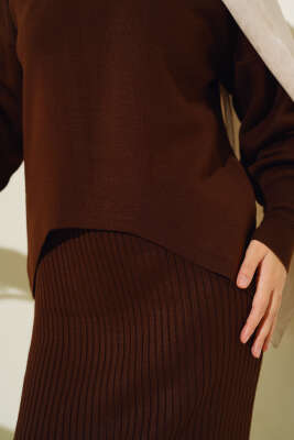 Asimetrik Kesim Jileli Triko İkili Takım Kahve - Thumbnail