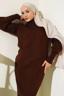 Asimetrik Kesim Jileli Triko İkili Takım Kahve - Thumbnail