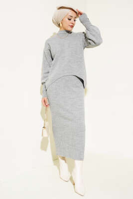 Asimetrik Kesim Jileli Triko İkili Takım Gri - Thumbnail