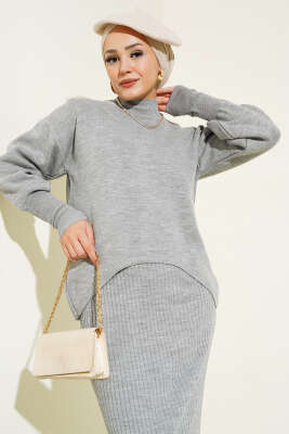 Asimetrik Kesim Jileli Triko İkili Takım Gri - Thumbnail