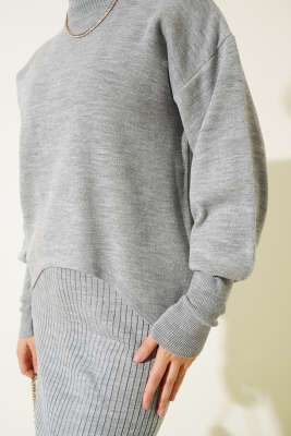 Asimetrik Kesim Jileli Triko İkili Takım Gri - Thumbnail