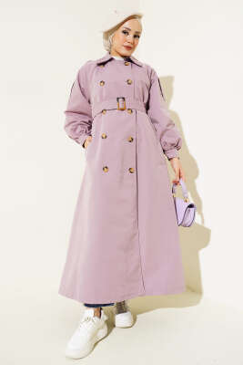 Pazarium - Balon Kol Kuşaklı Uzun Trençkot Lila