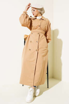 Pazarium - Balon Kol Kuşaklı Uzun Trençkot Camel